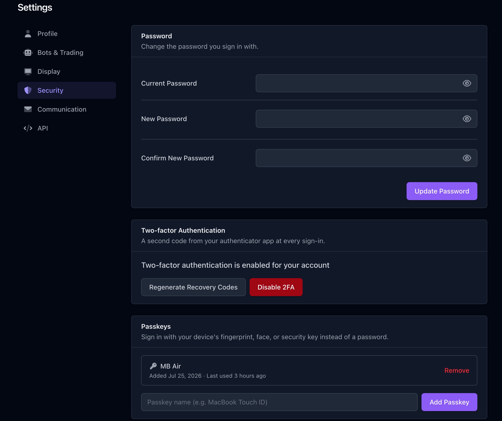Whispertrades account security settings with two-factor authentication and passkeys